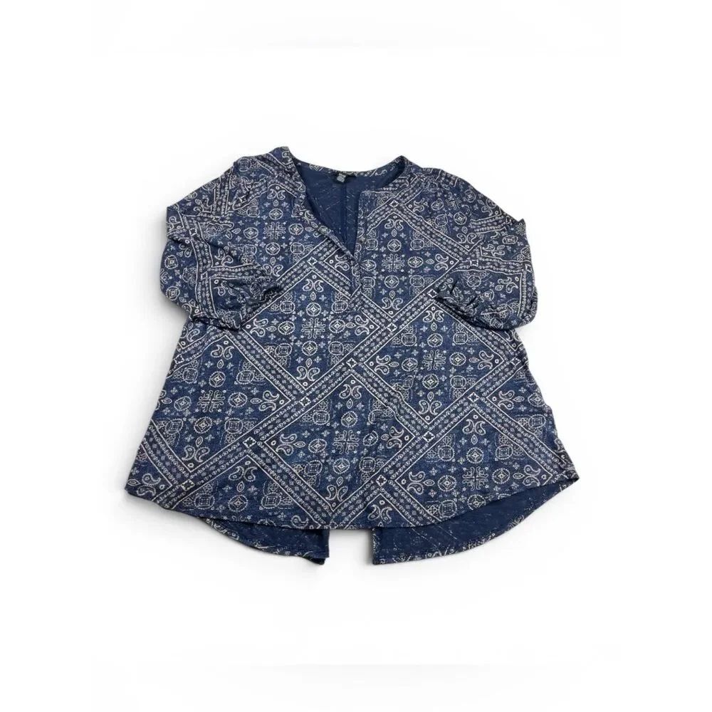 Lucky Brand Blue Bandana Print Top V-Neck Southwestern Paisley Layering Shirt 1X